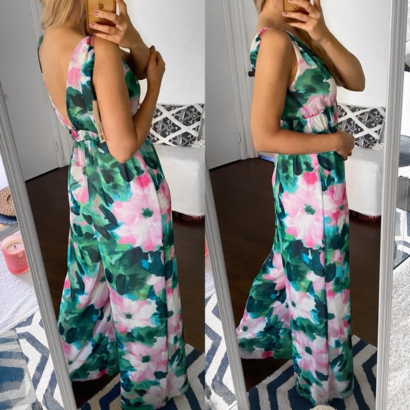 🦚 ZARA BOHO GREEN PINK MULTI FLORAL WIDE LEG JUMPSUIT! - Picture 4 of 16